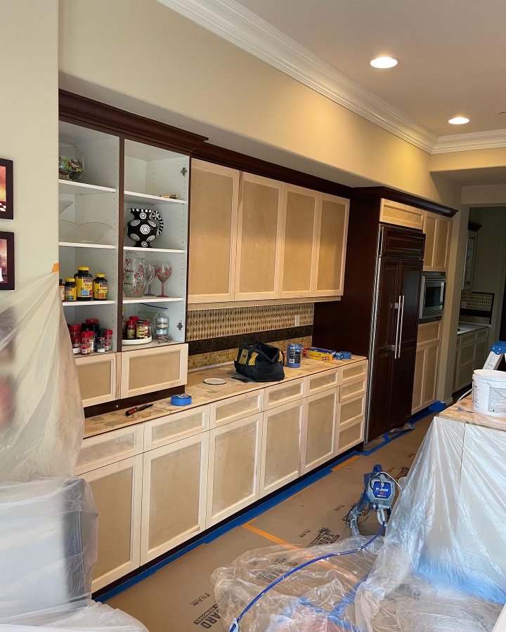 Kitchen cabinet doors masked and prepped before spraying, Orange County (6 of 6)
